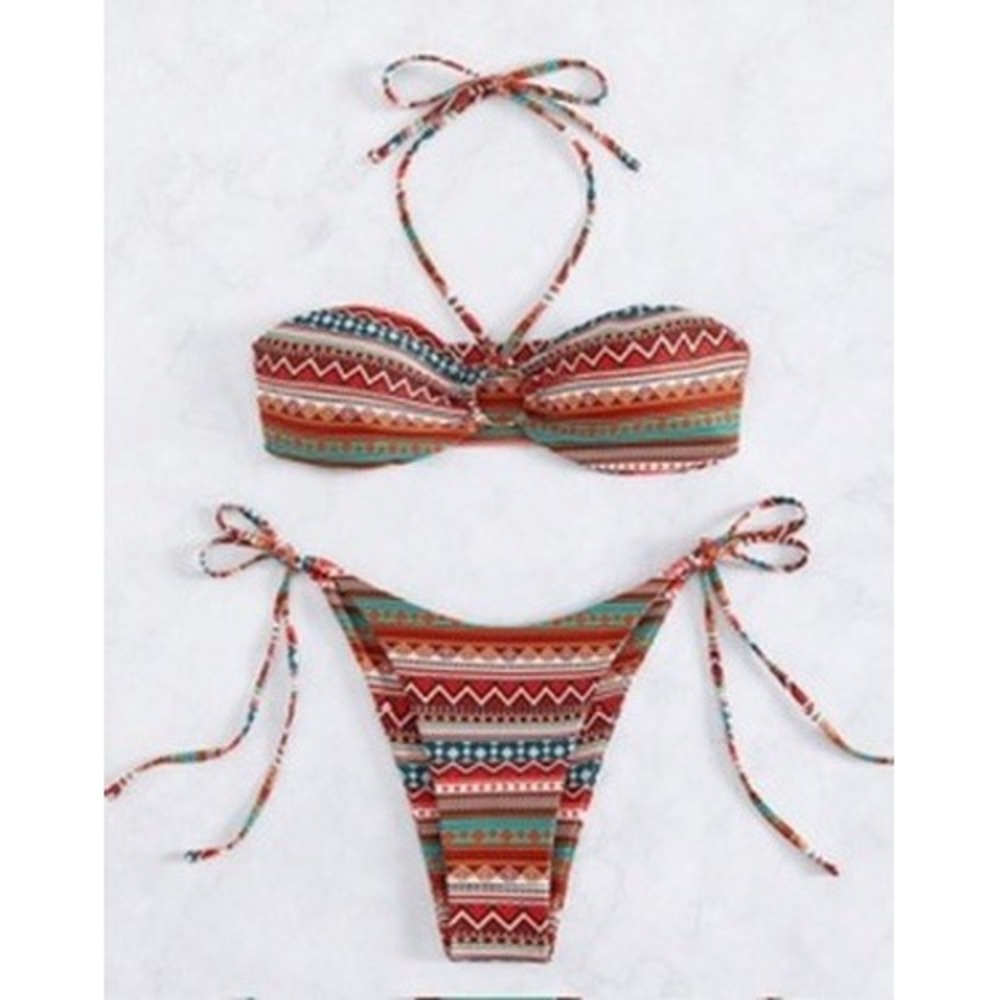 Shein Bikini Set Small Multicolor Good Tribal Print Halter Tie Side